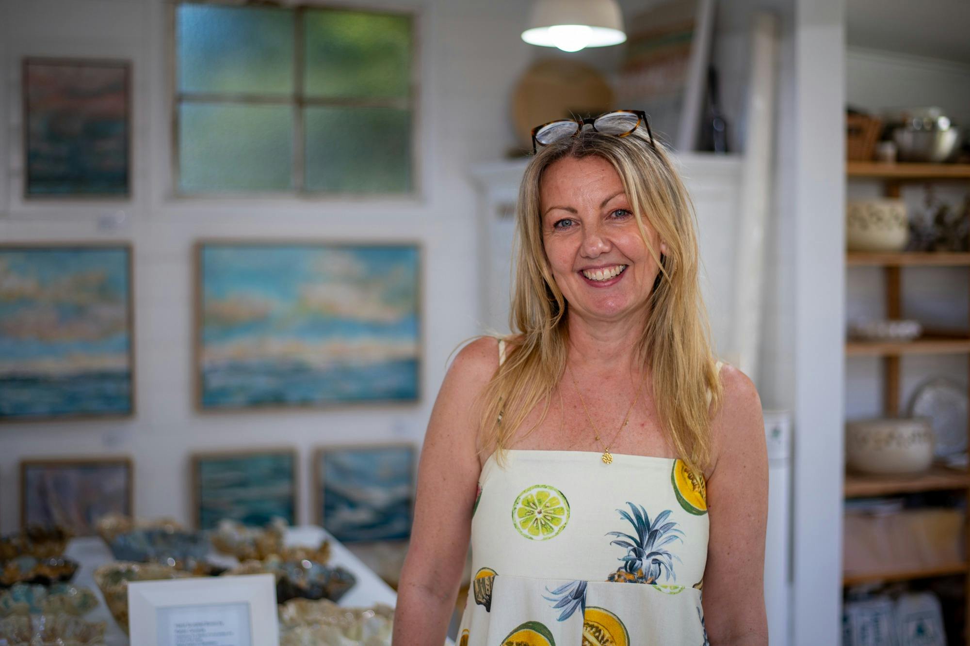 Photo of GOSS Artist Karen Cavania in her home Studio
