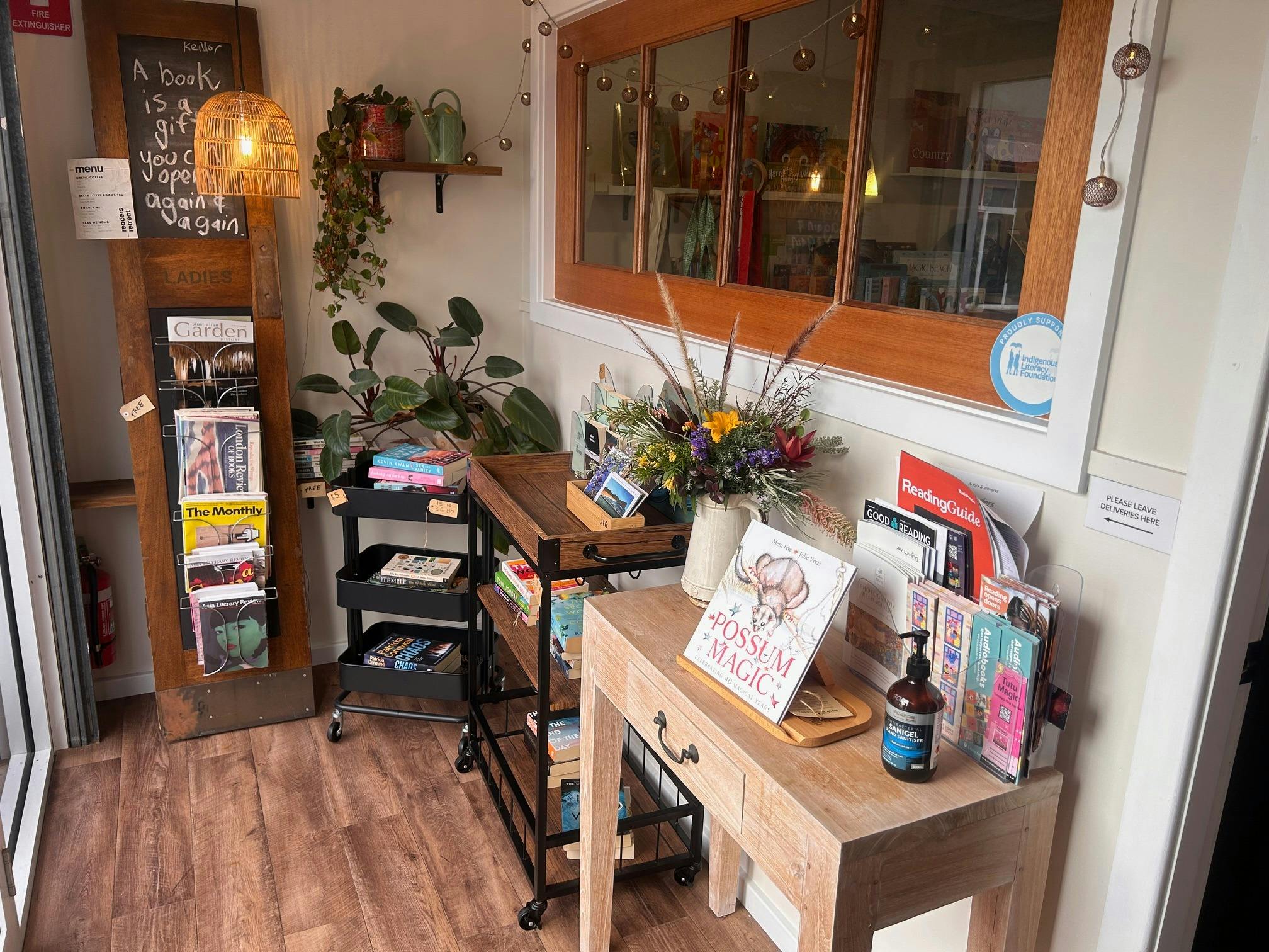 Front alcove with flowers and books
