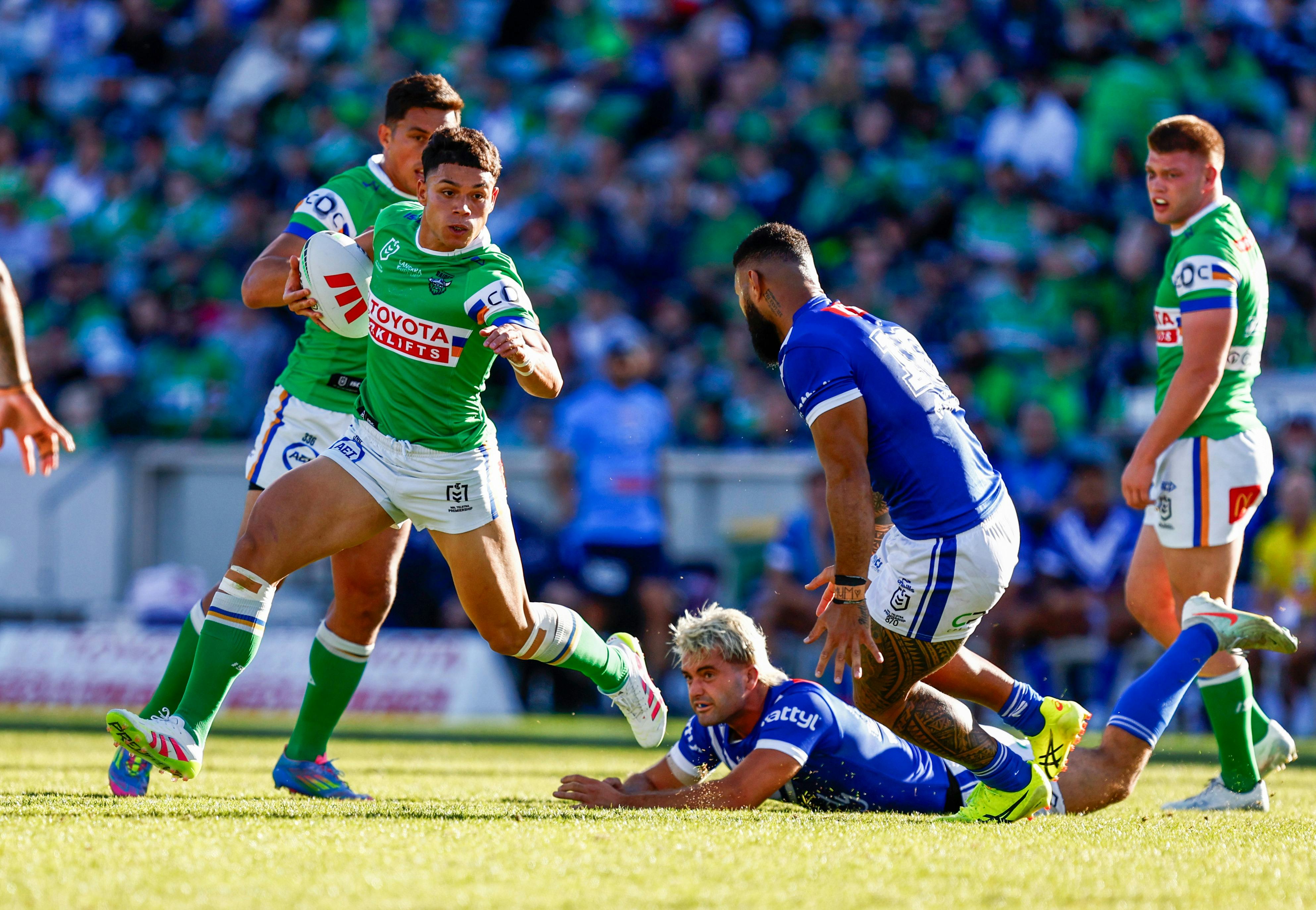 Canberra Raiders player Savelio Tamale running the ball.