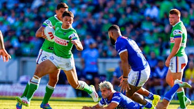 Canberra Raiders player Savelio Tamale running the ball.