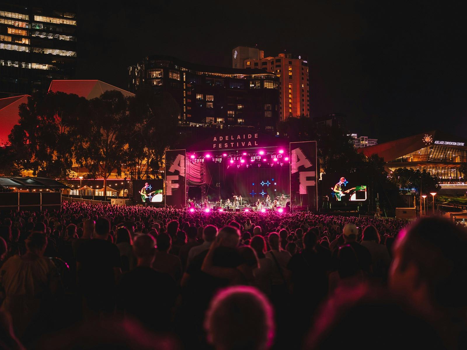 Crowd in Elder Park watching a band on stage. The lights are pink and  audience members are glowing.