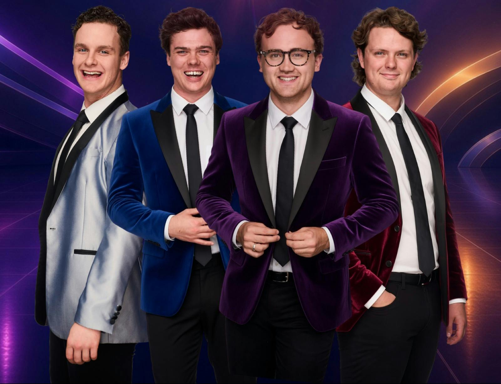 Four men wearing suits, smiling and posing for the photo.