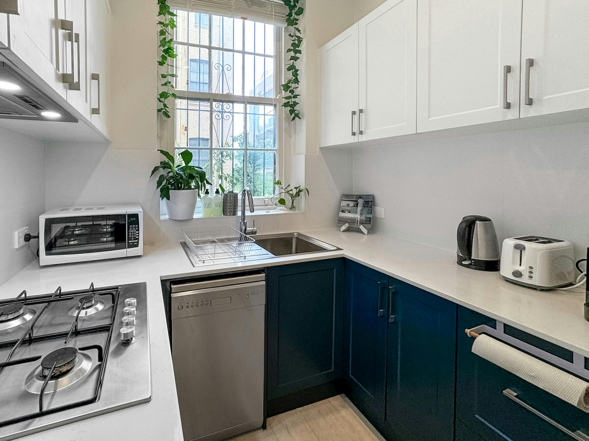 現代化的廚房在明亮的空間中混合了白色和海軍藍的櫥櫃和植物。