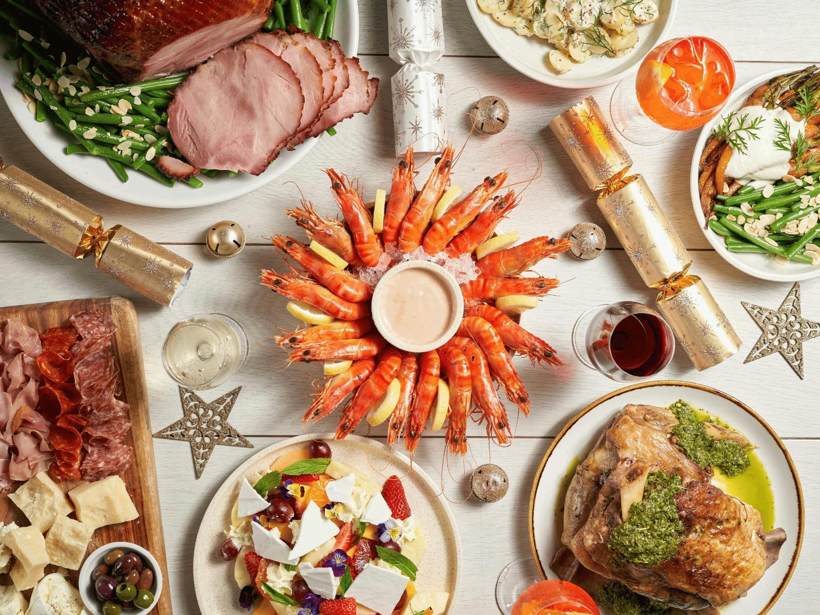 Christmas Day feast with ham, prawns, cheese, and salads at Fratelli Fresh.