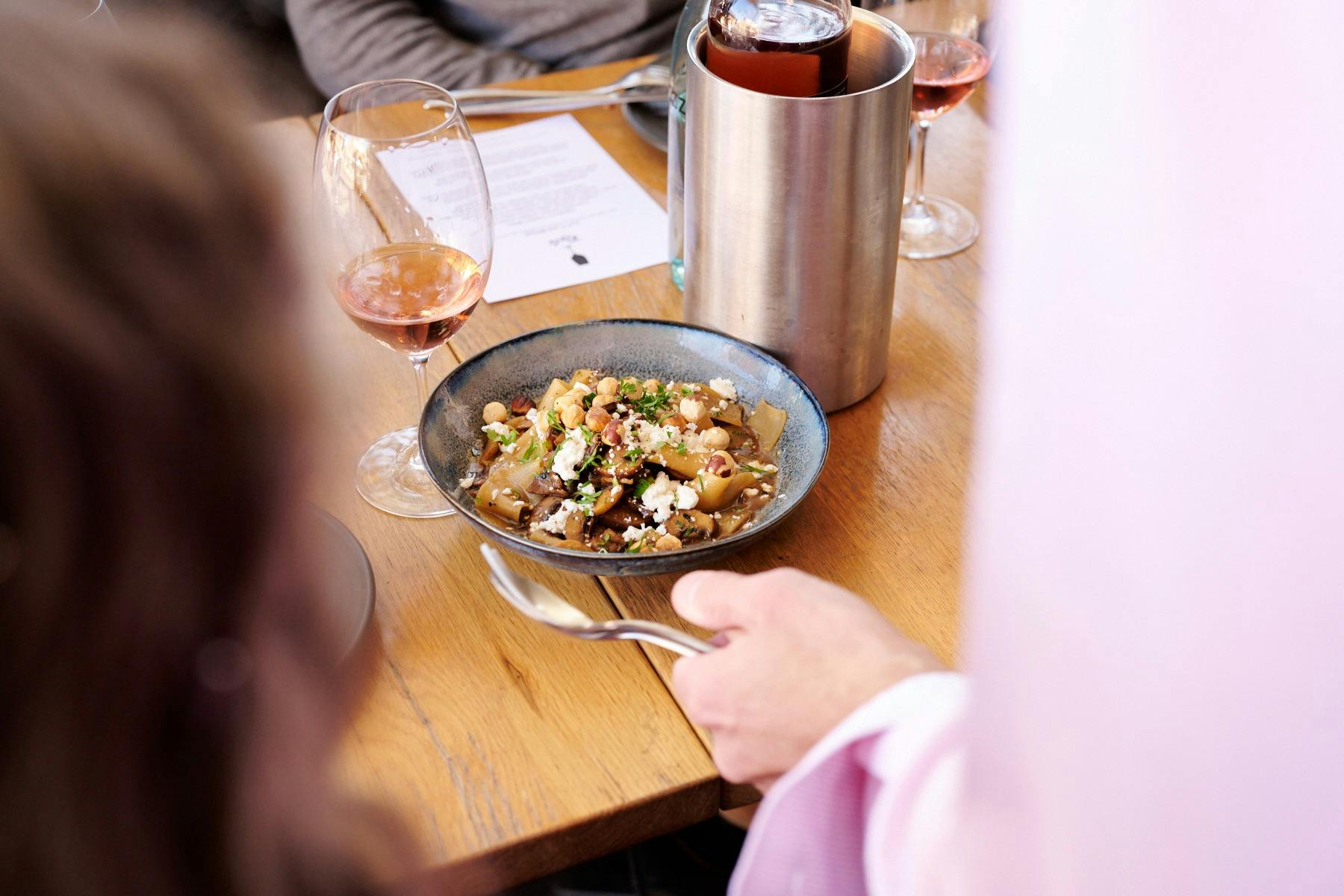 pappardelle with mushrooms, chevre & hazelnuts