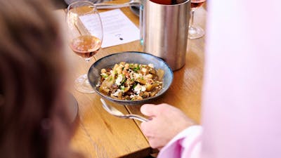 pappardelle with mushrooms, chevre & hazelnuts