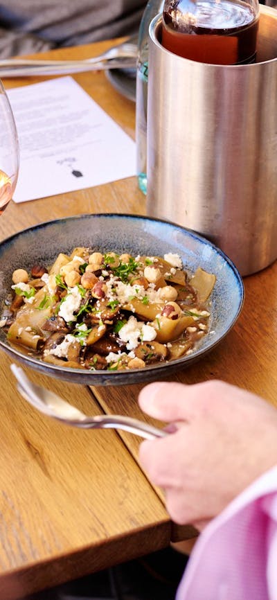 pappardelle with mushrooms, chevre & hazelnuts