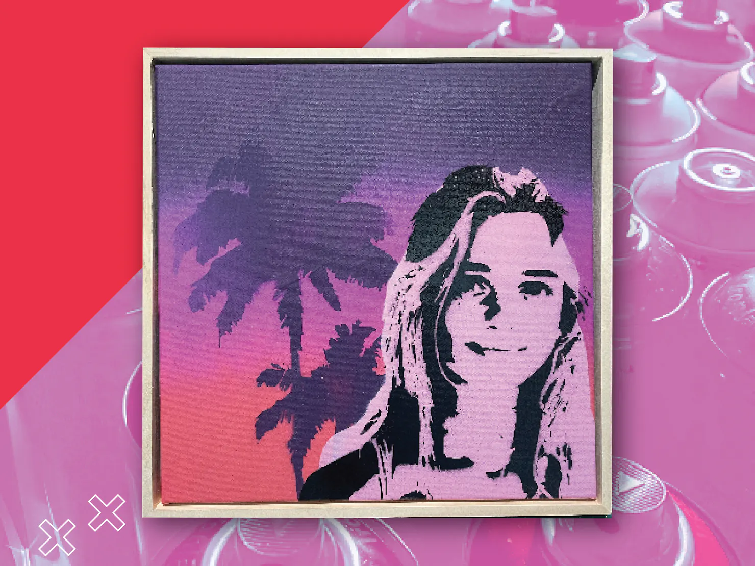 Spray painted artwork of a woman in front of palm trees.