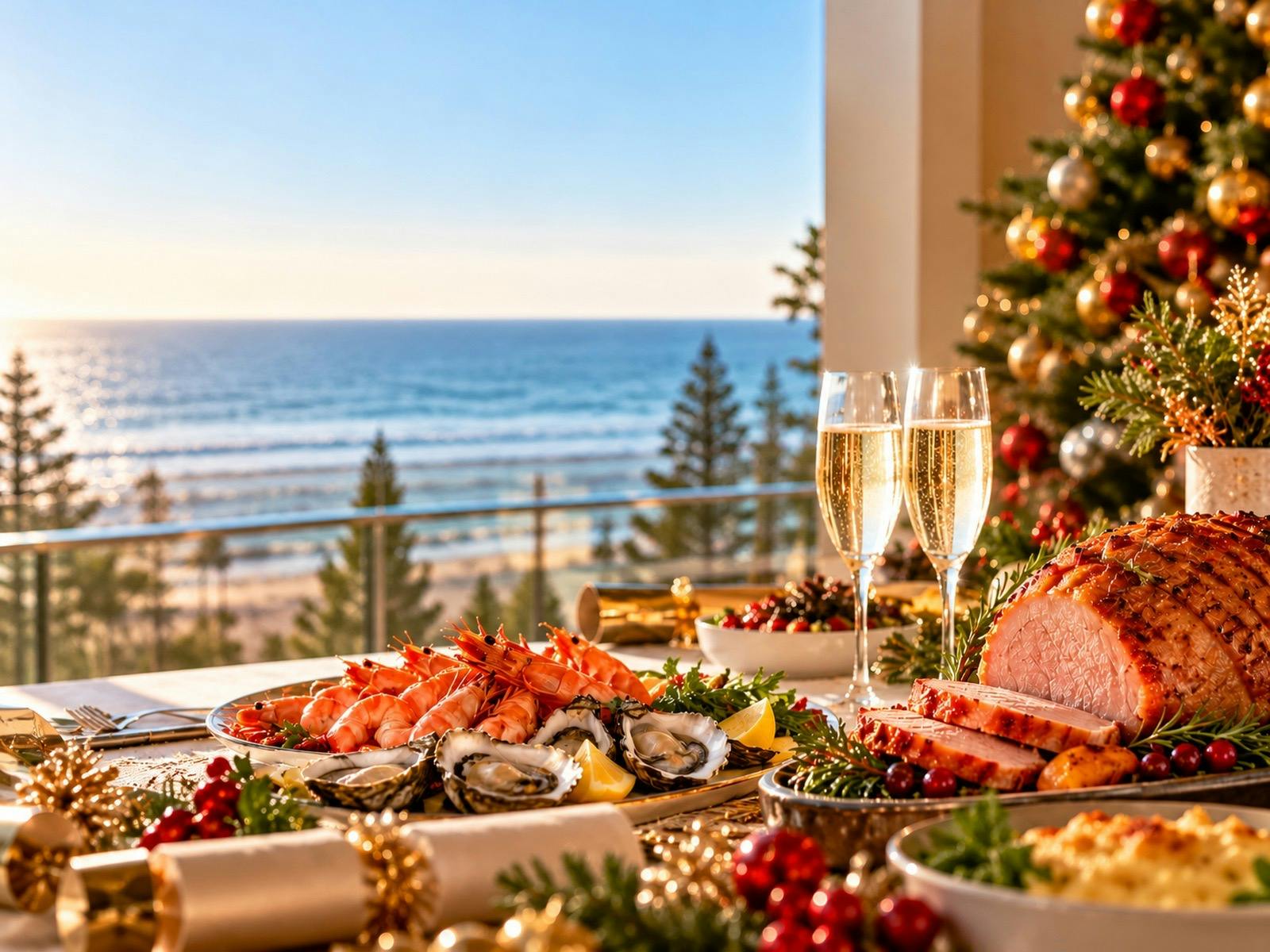 Festive Christmas dining by the sea, featuring fresh seafood, glazed ham, sparkling wine and Christm