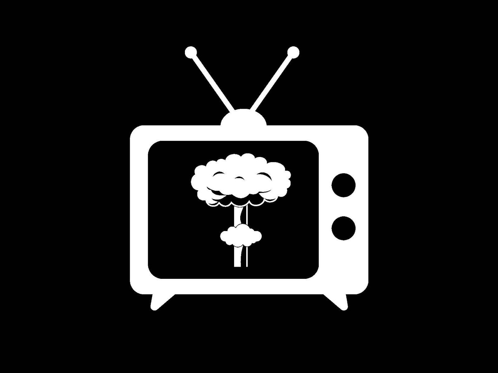 Image of black and white graphic from the Mind Blown publication showing a TV with a nuclear cloud