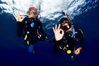 Scuba Diver signalling ok to their private guide photographer