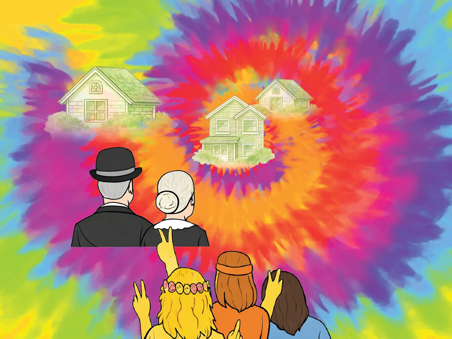 A group of people standing in front of a few houses.