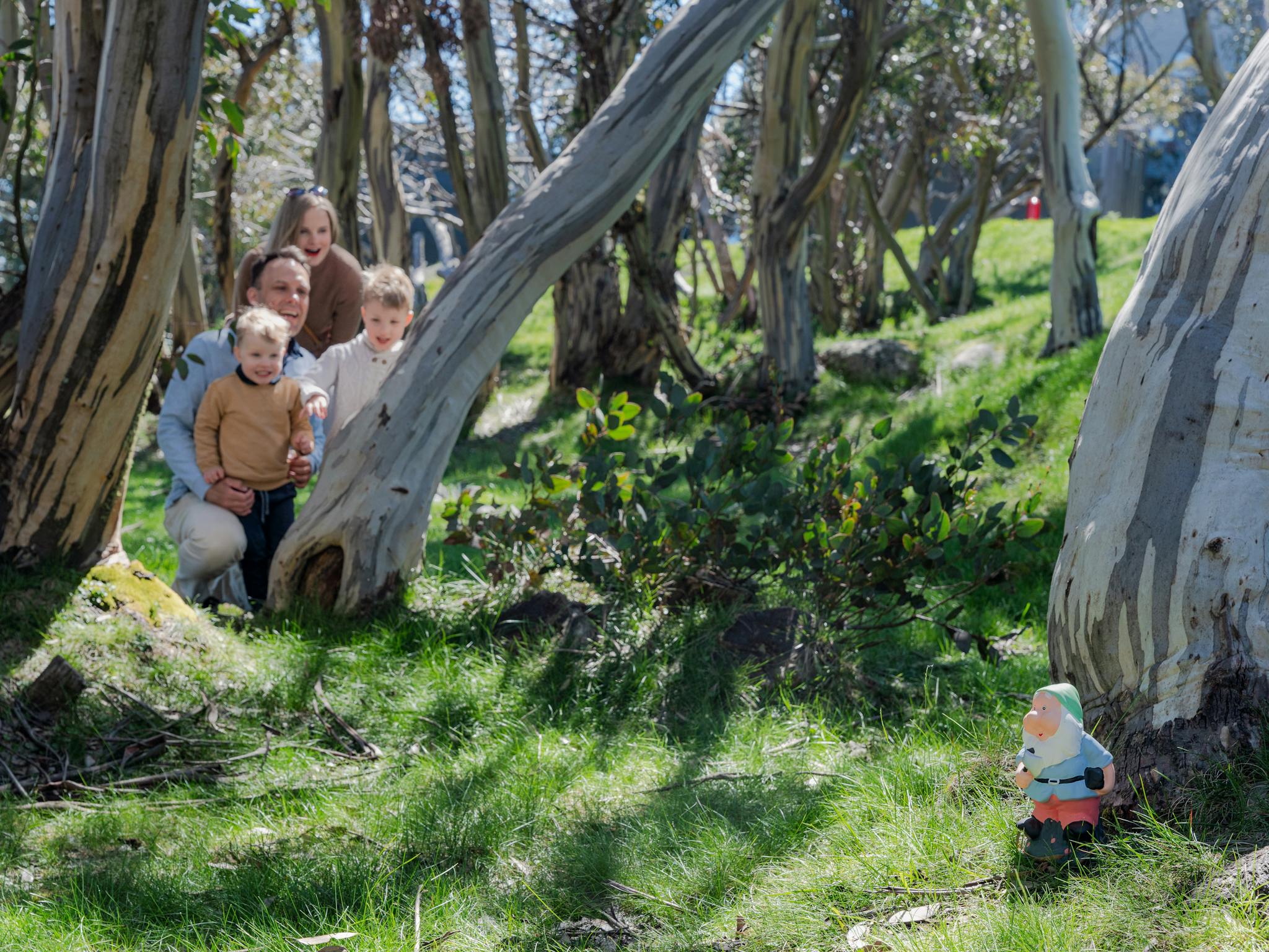 A family on the gnome roam at Mt Buller