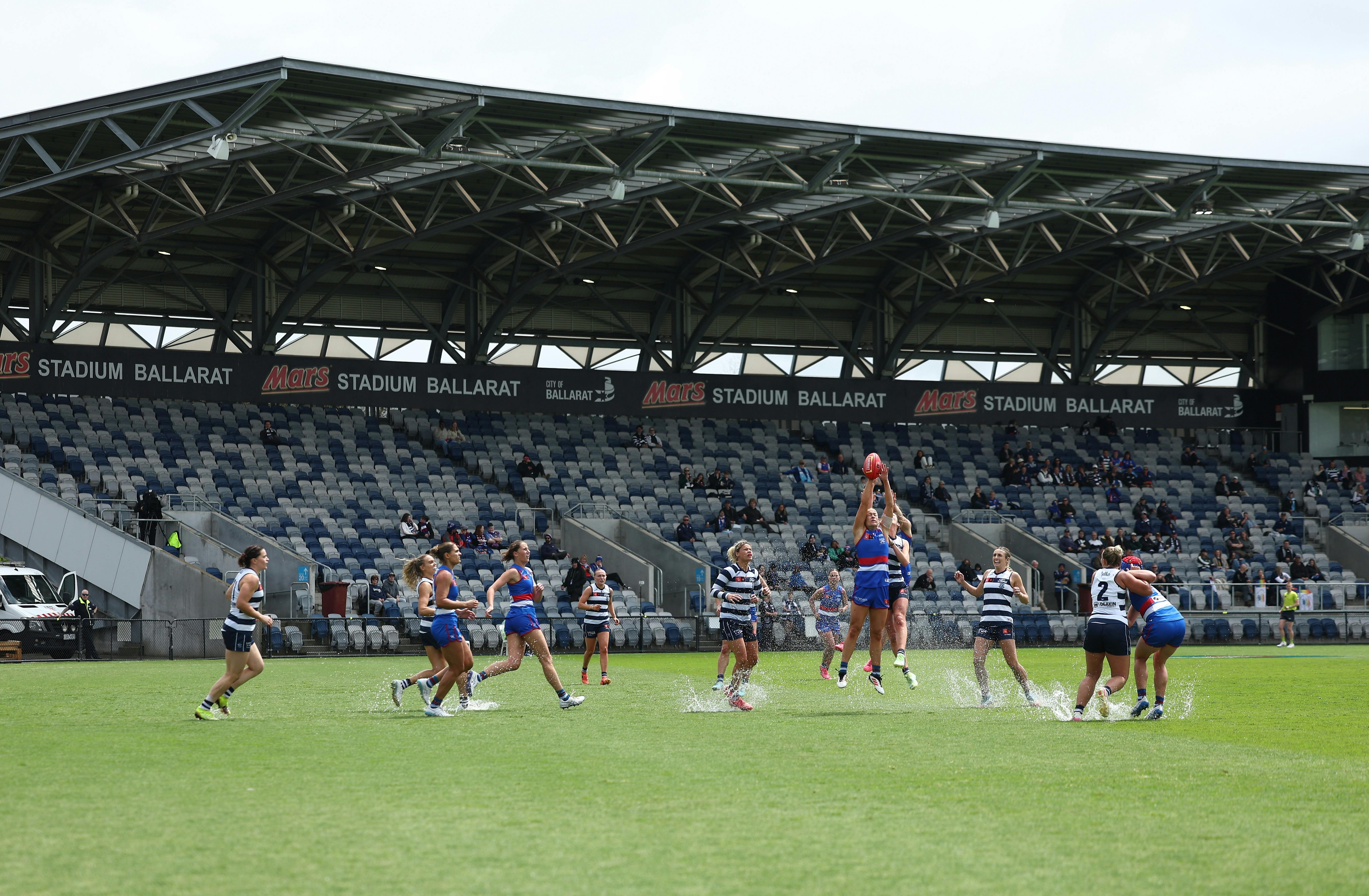 Wide shot of AFLW Match at Mars Stadium.