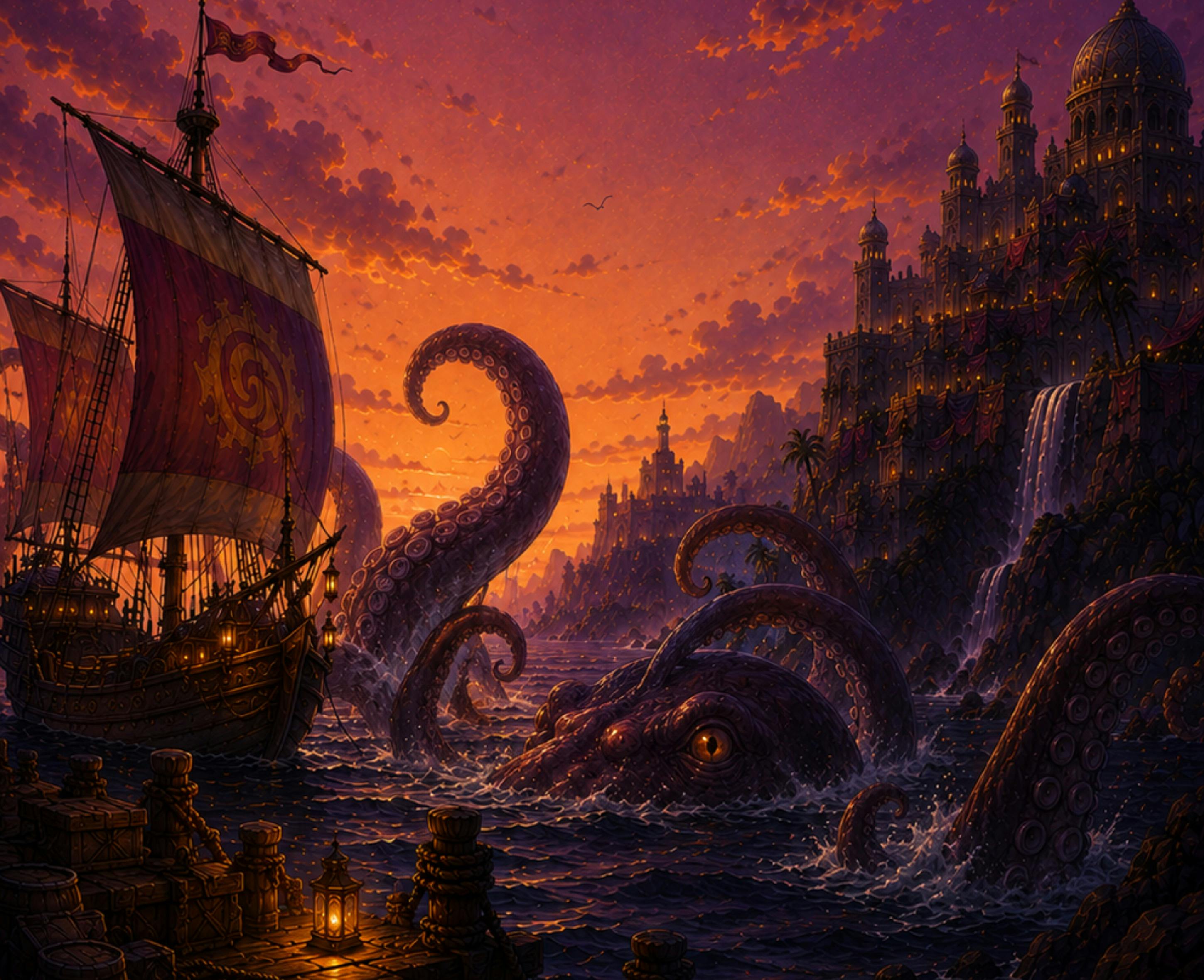 Scene with a ship and a kraken