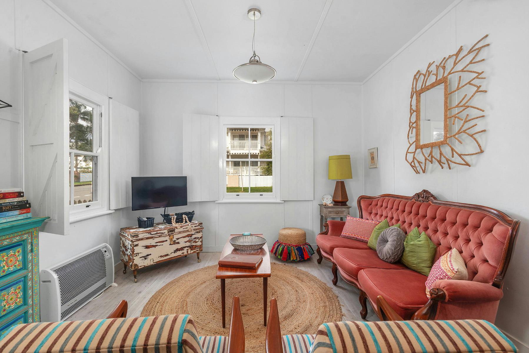 Atlantis Cottage living room with eclectic & colourful styling