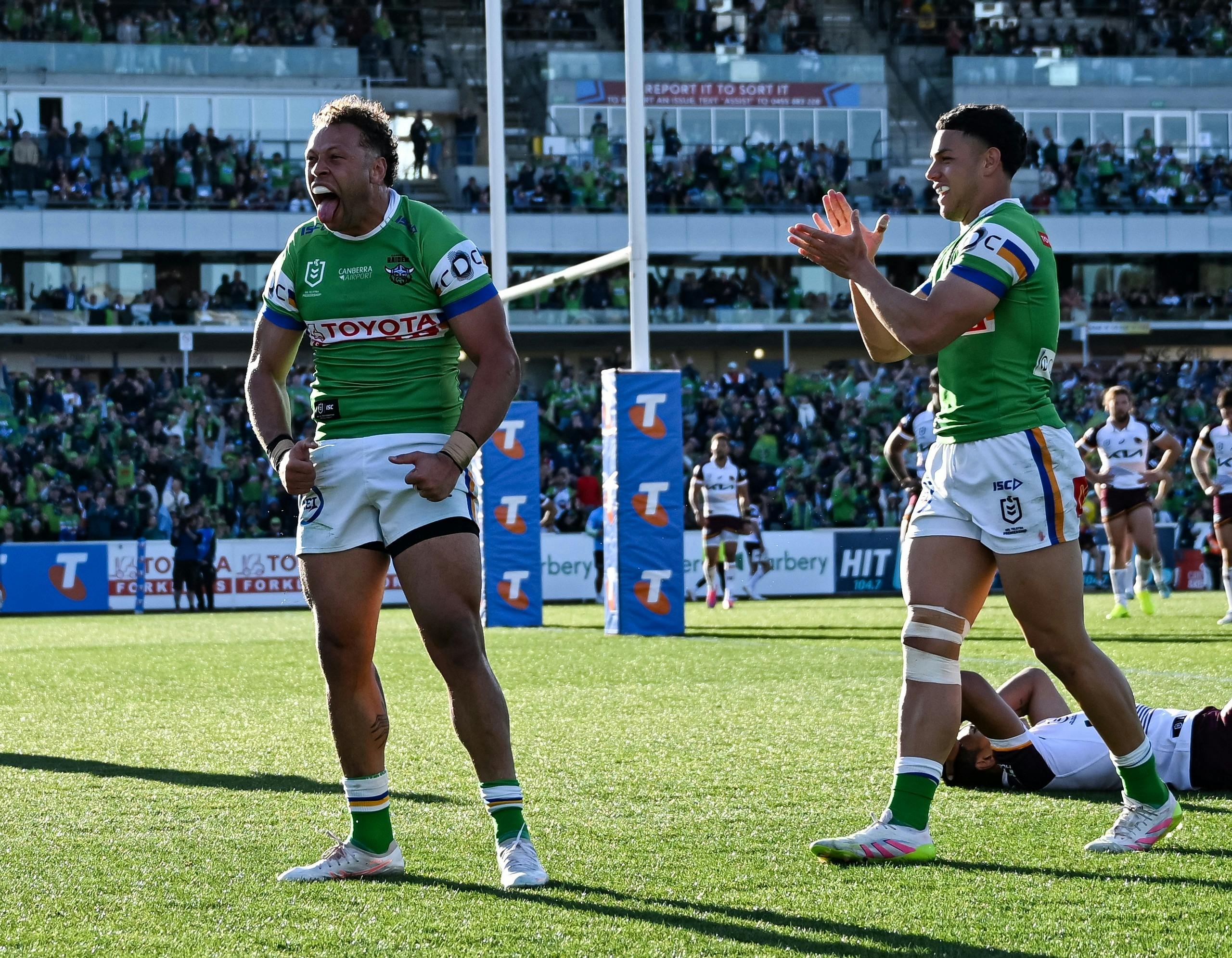 Canberra Raiders player Sebastian Kris celebrating a try.