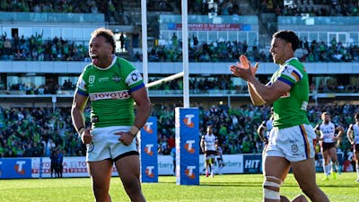 Canberra Raiders player Sebastian Kris celebrating a try.