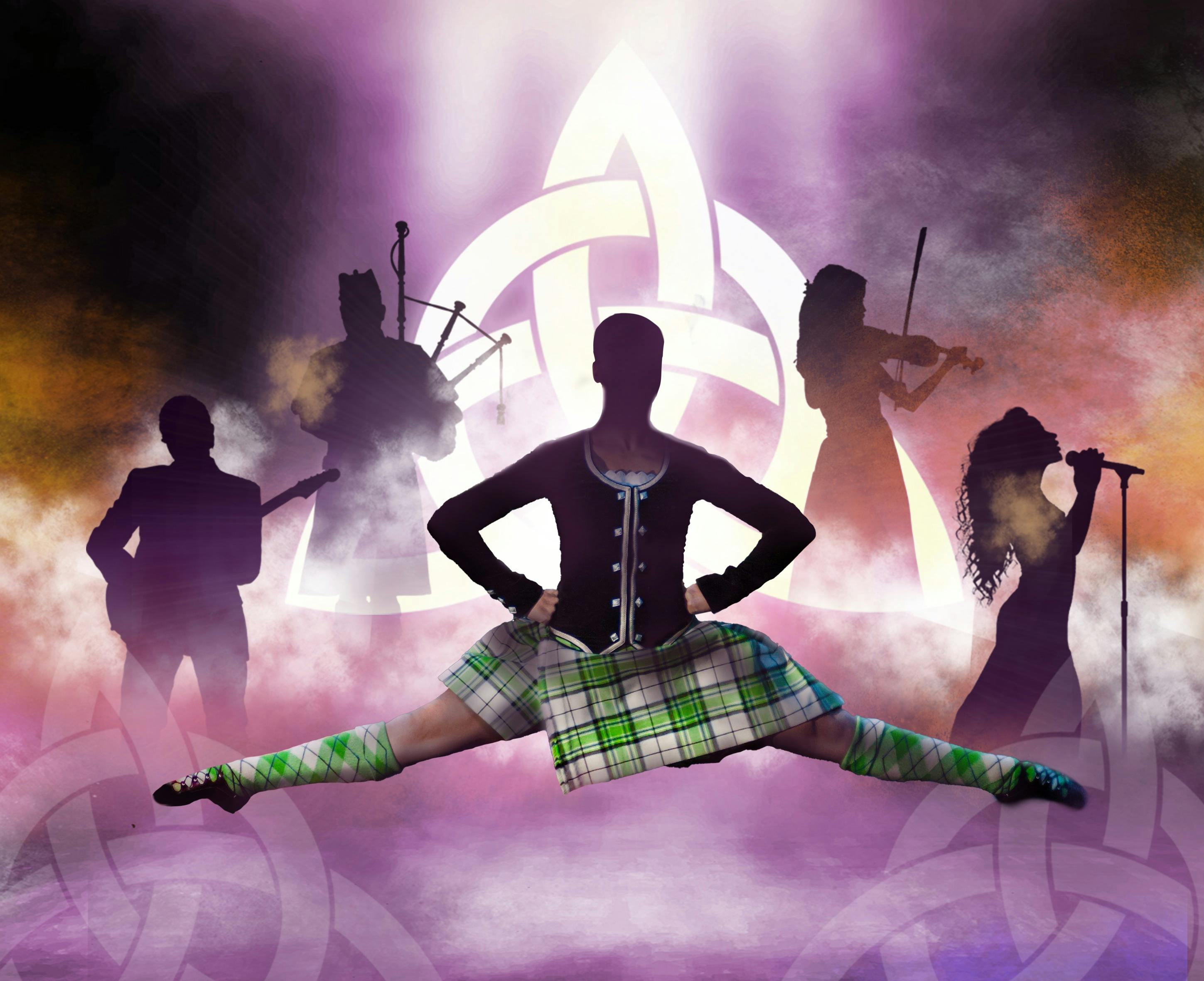 a silhouette of a dancing girl in green tartan in front of musicians and a Celtic knot