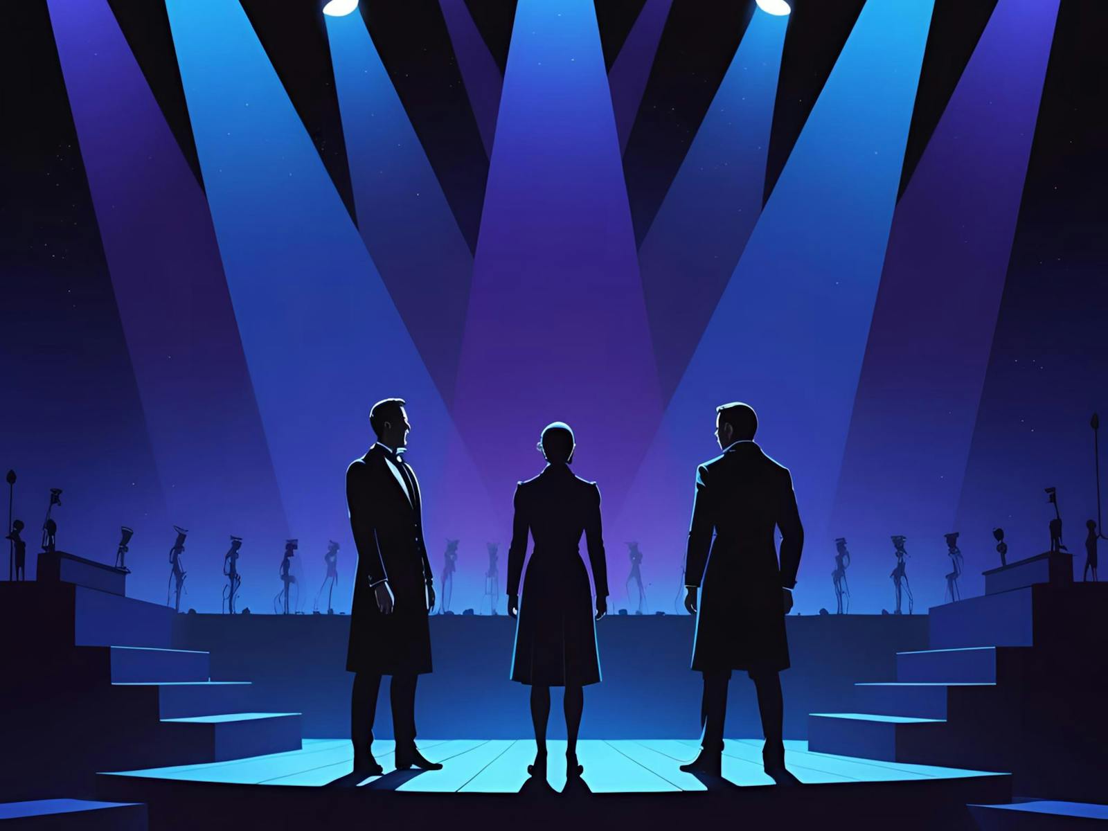 three stylised outlines  standing in the spotlight