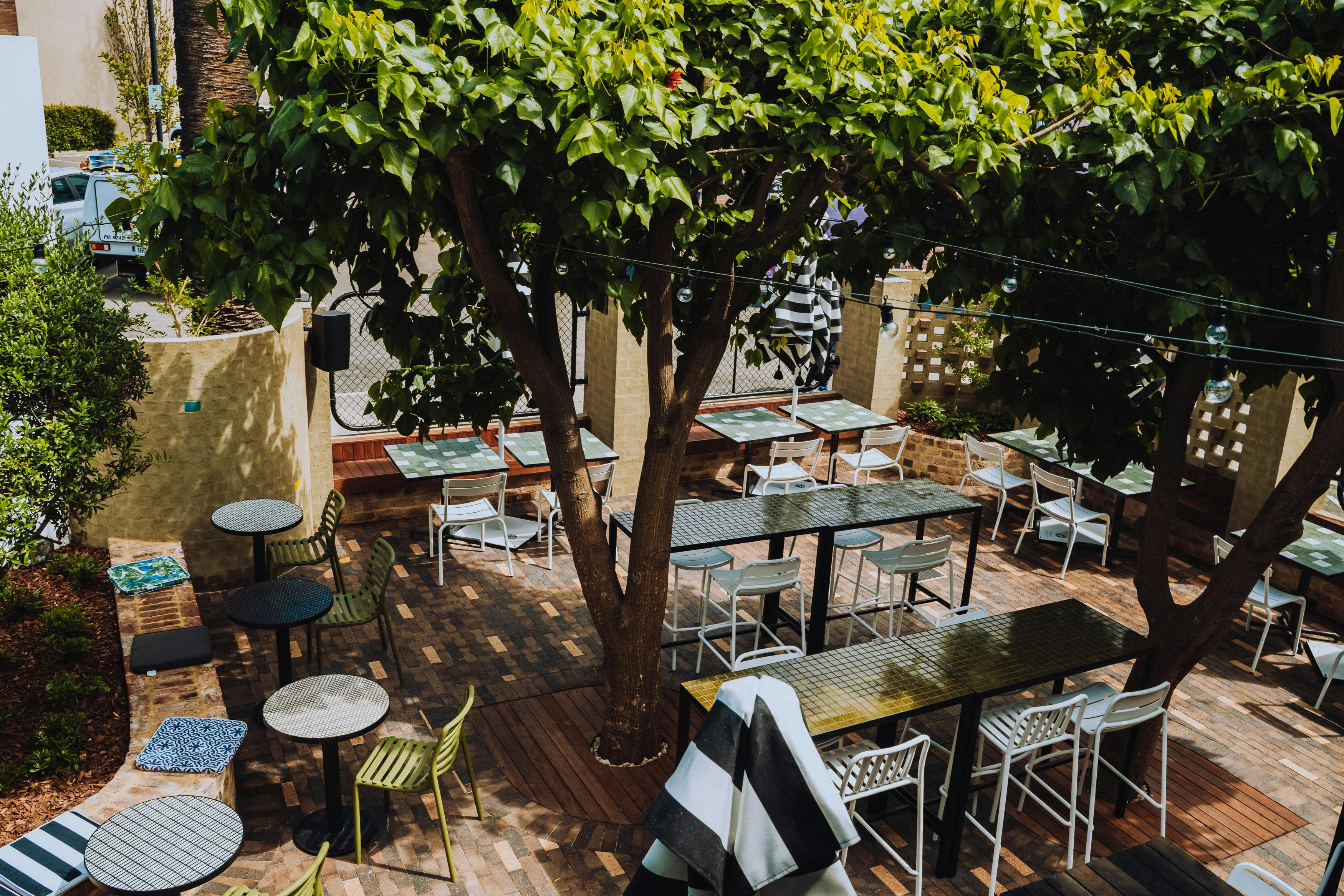 Empty upper garden area in Rosemount Hotel