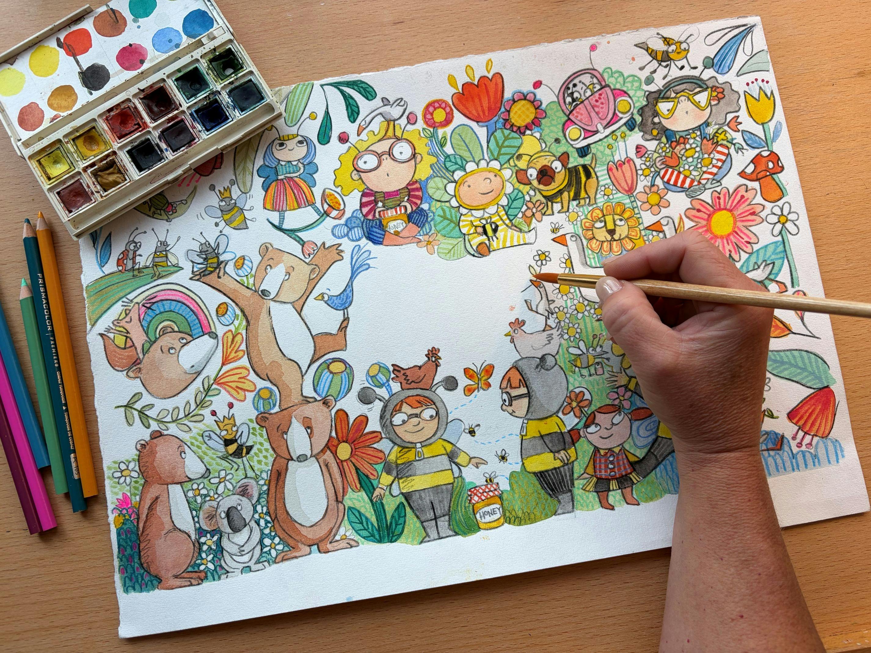A hand holding a paintbrush illustrates a page of children's picture book characters.