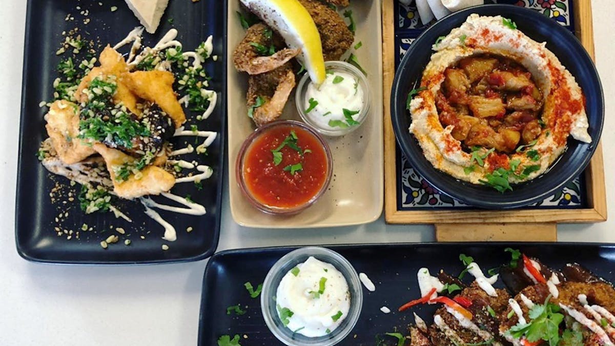 Falafel Prawns, Dukah Halumi Cheese, Hummus w/Spicy Eggplant, Falafel Chicken Schnitzle