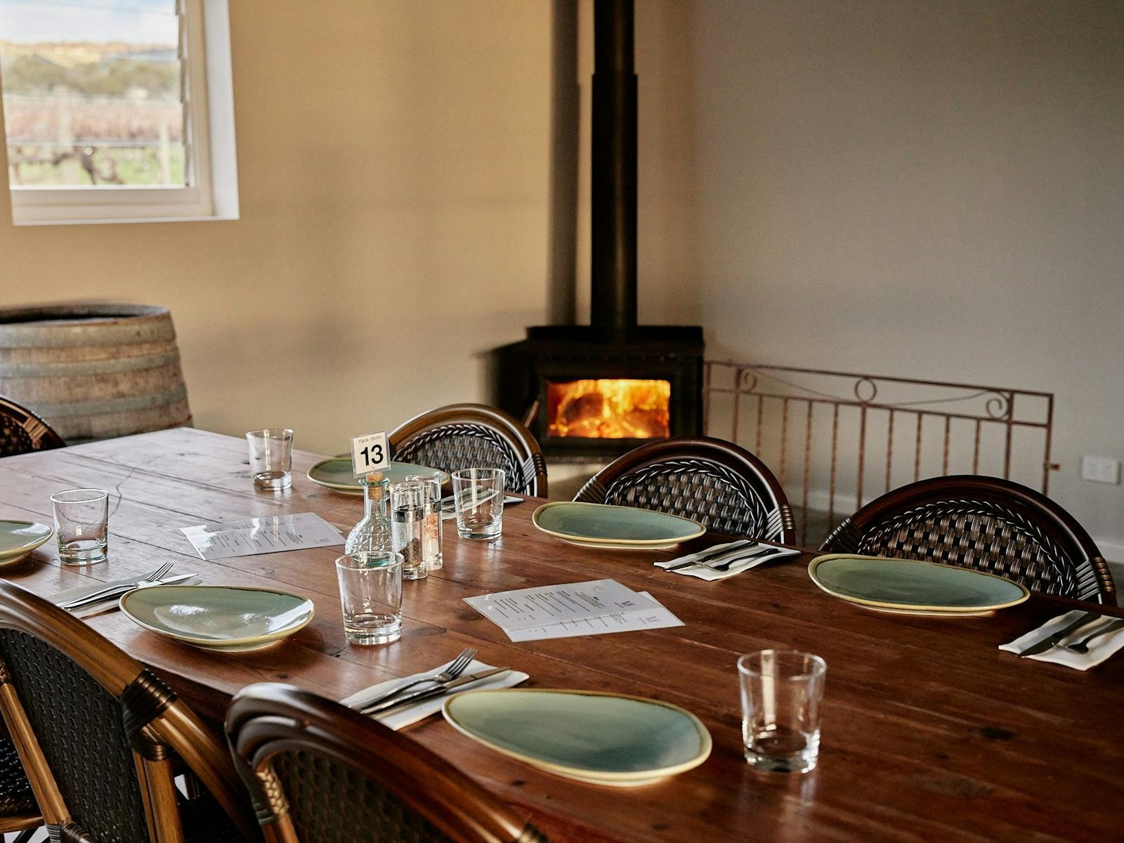 Image of dining area in Italian Style Shed with fire