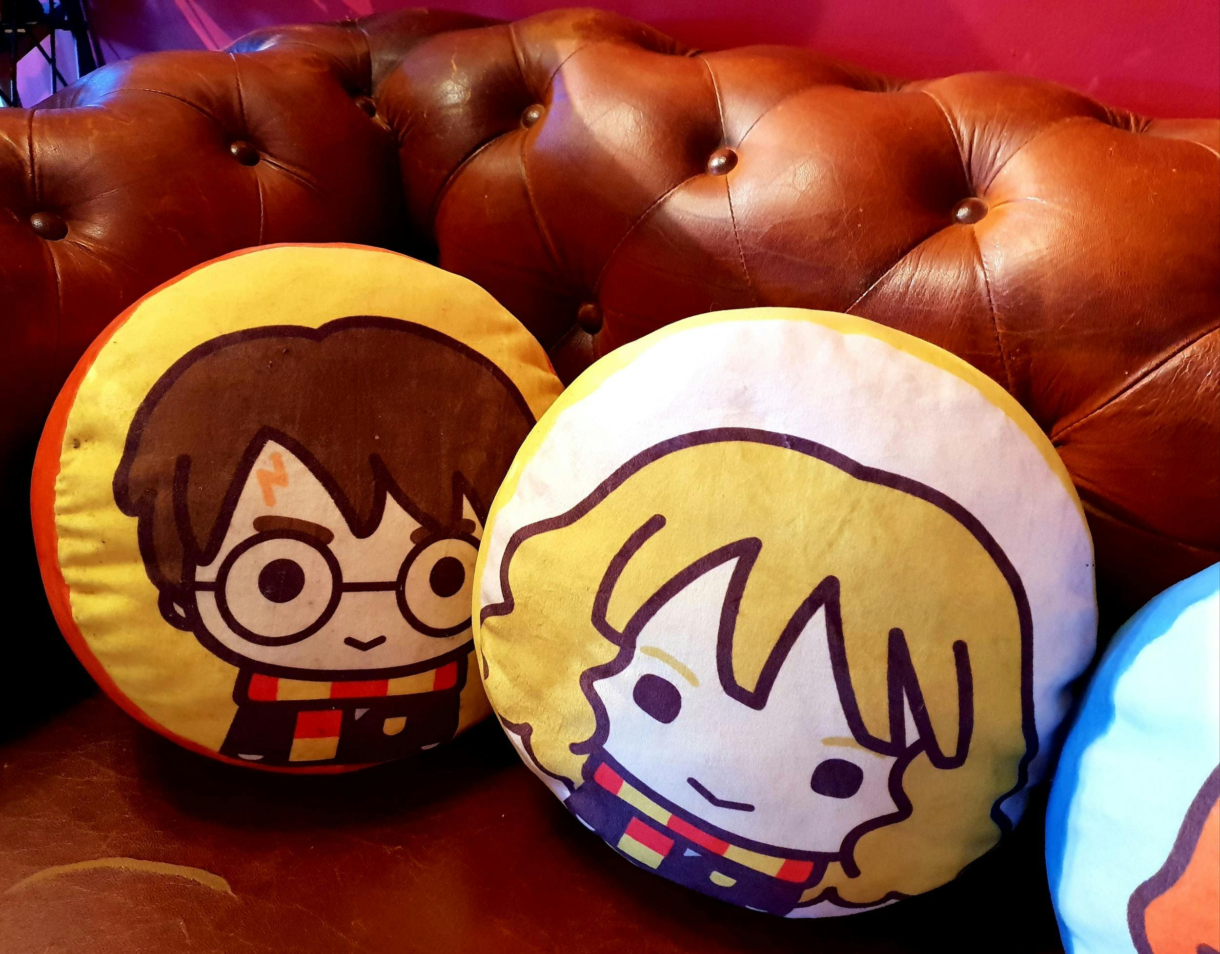 Two soft cushions - featuring Kawai Harry Potter and Hermione Granger - on a leather lounge.