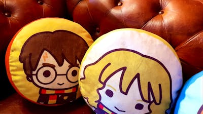 Two soft cushions - featuring Kawai Harry Potter and Hermione Granger - on a leather lounge.