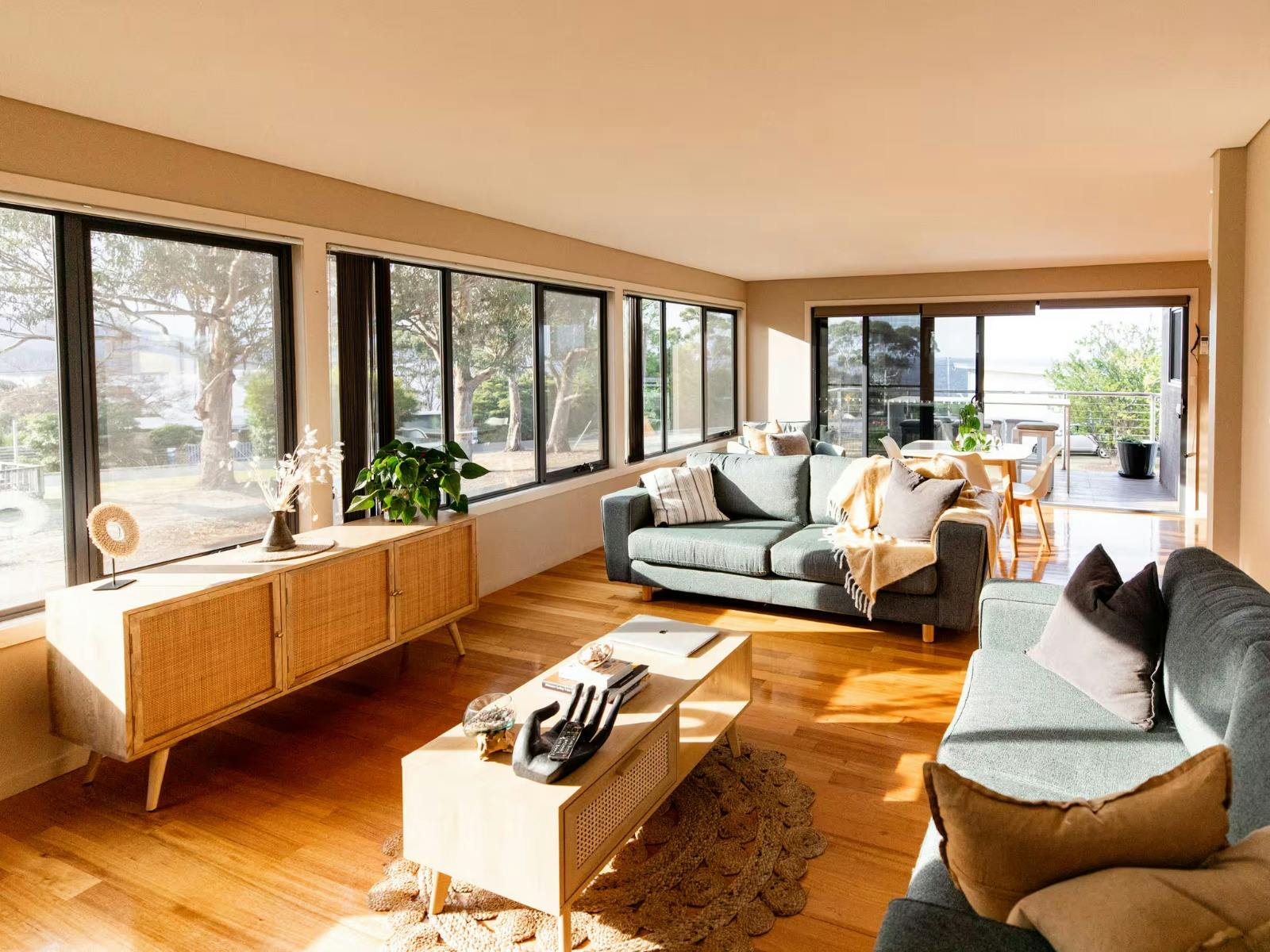 Bright living room at Binalong Bay Beach House in Binalong Bay, Tasmania.