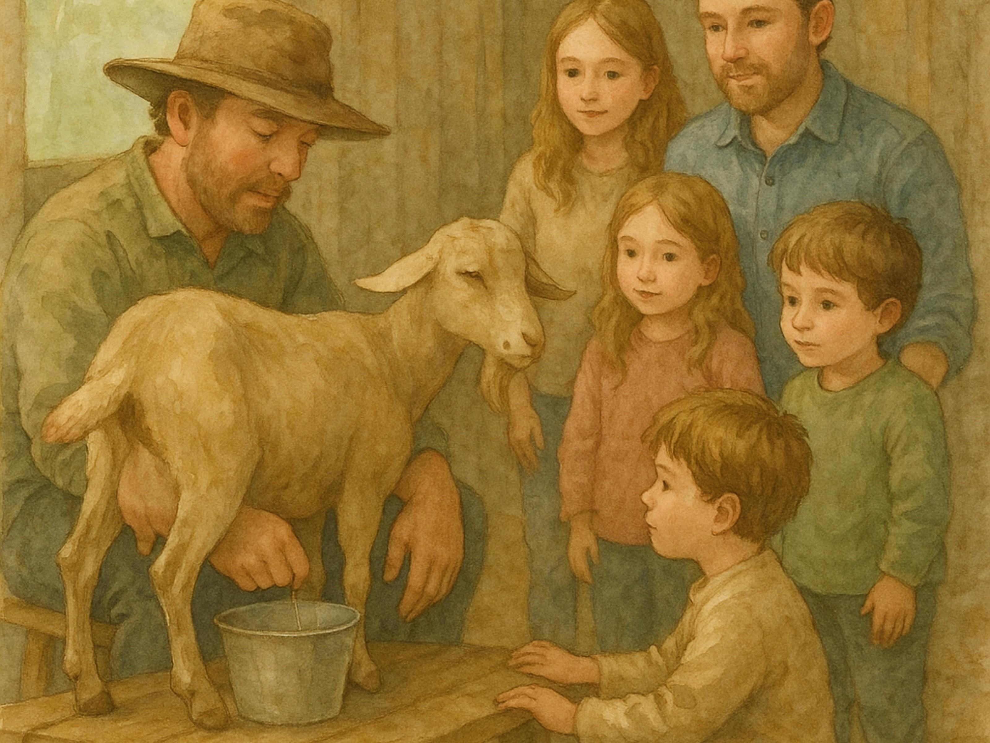A man is demonstrating milking a goat to a family who are watching