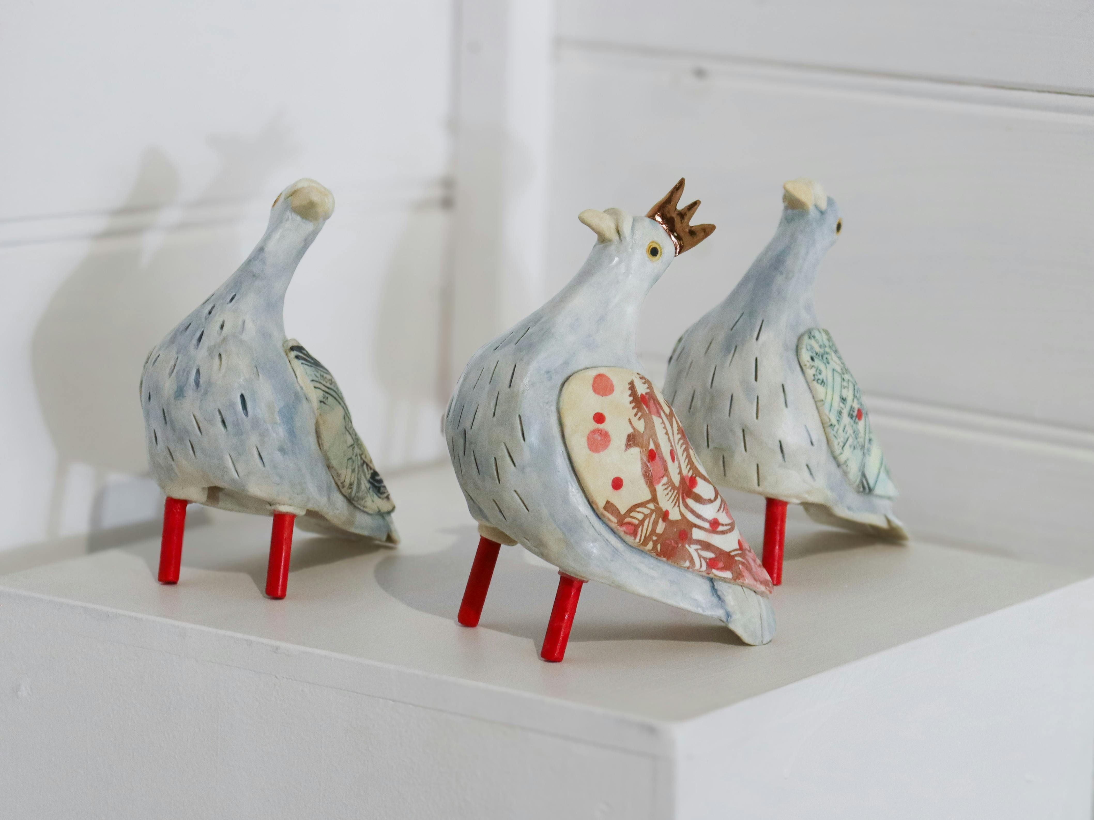 Ceramic Pigeons with graphic detailing as part of Buttlejorrk