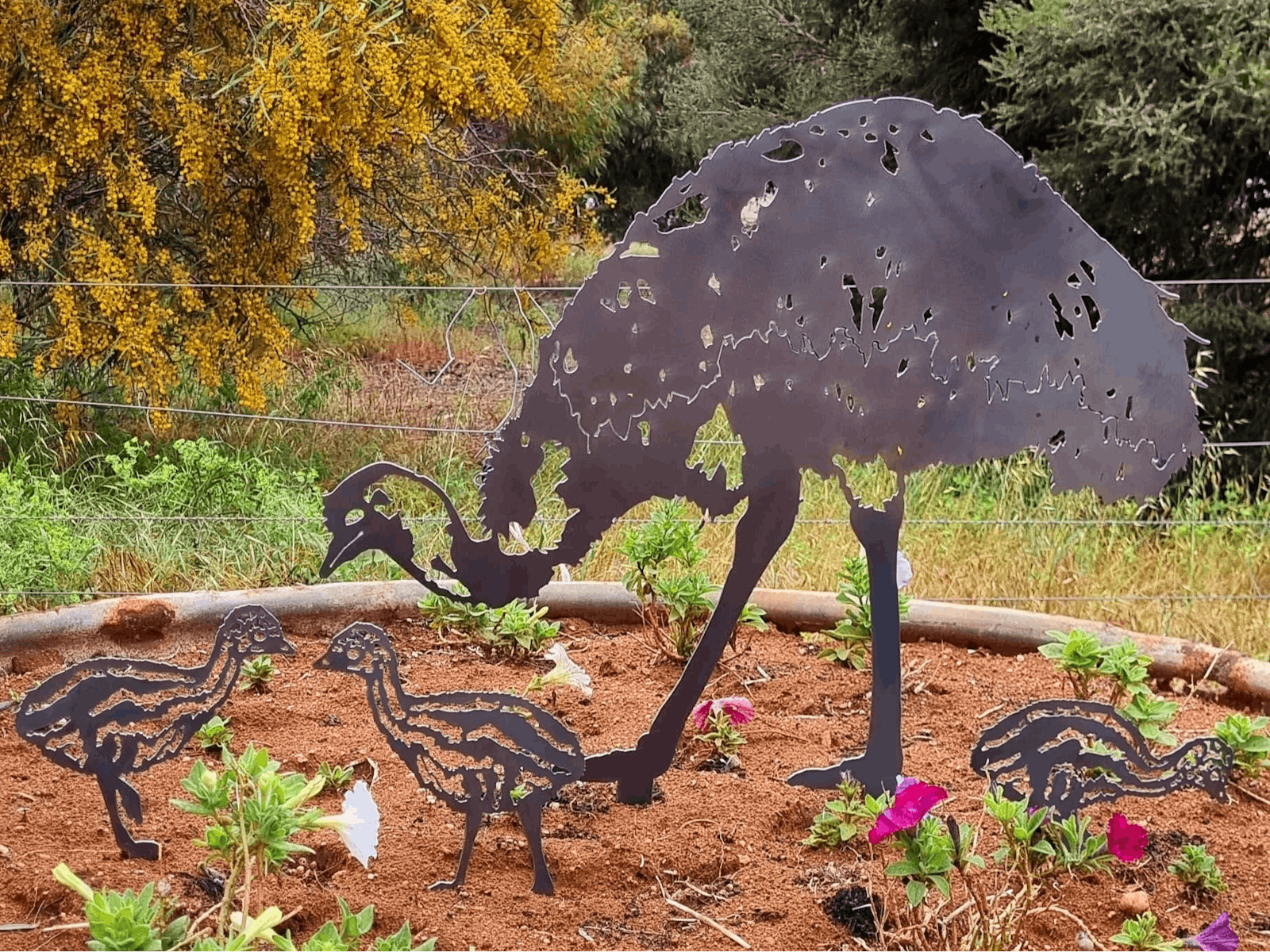 Metal Emu and chicks garden stakes