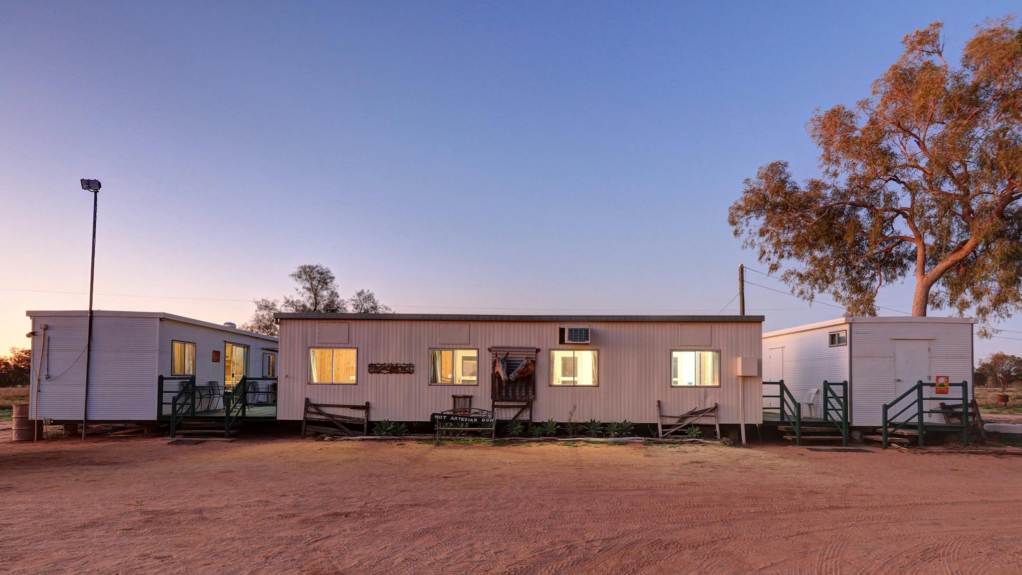 Outside view at dusk of the Shearer's Quarters, Charlotte Plains, Outback Queenslandaccommodation Outside view at dusk of the Shearer's Quarters, Charlotte Plains, Outback Queenslandaccommodation