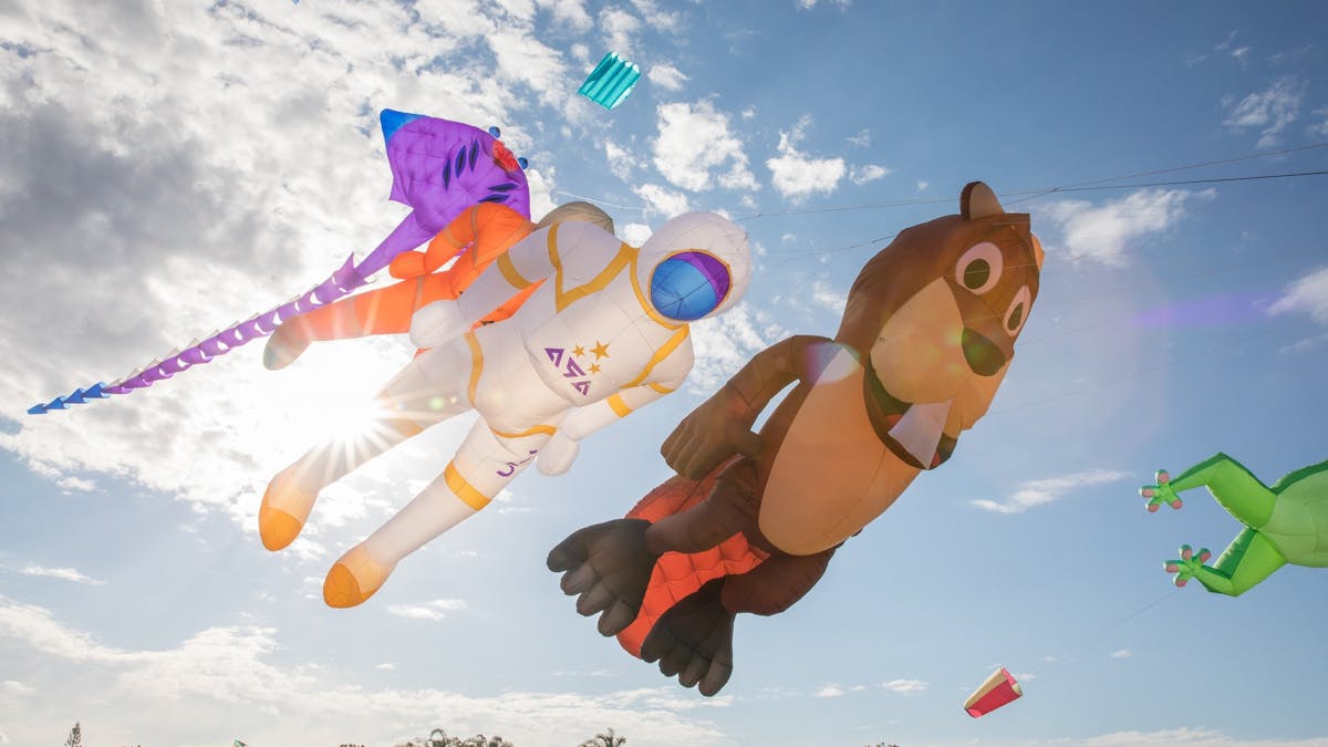 Large bear, astronaut and sting ray kites flying in the sky