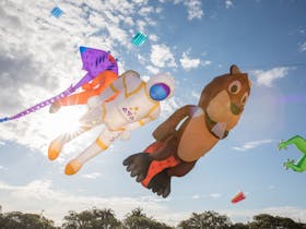 Large bear, astronaut and sting ray kites flying in the sky