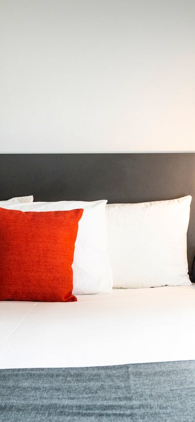 Modern styling and comfortable bedding at River Motel.