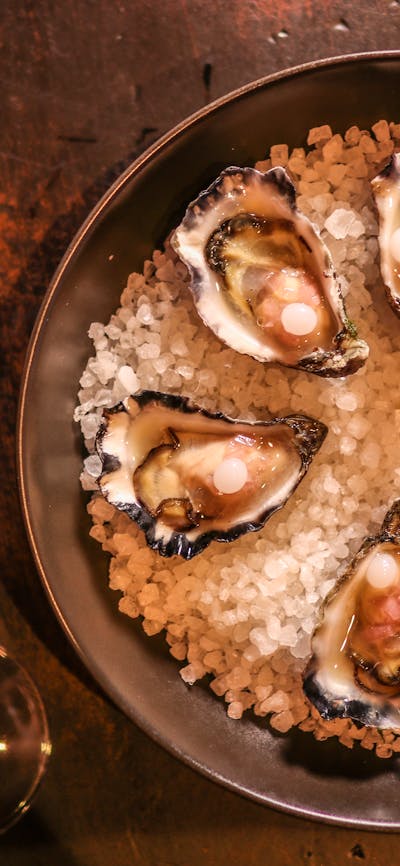 Signature Oysters, Pomegranate Mignonette, Yoghurt Pearl
