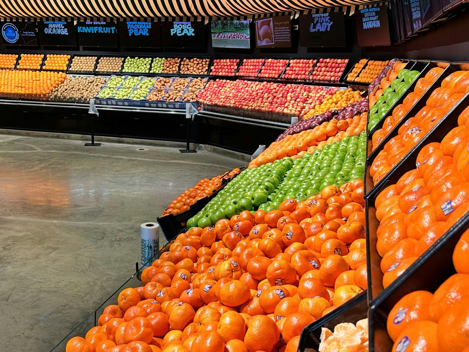 Fresh fruit displays at Vasse Village by Bunbury Farmers Market