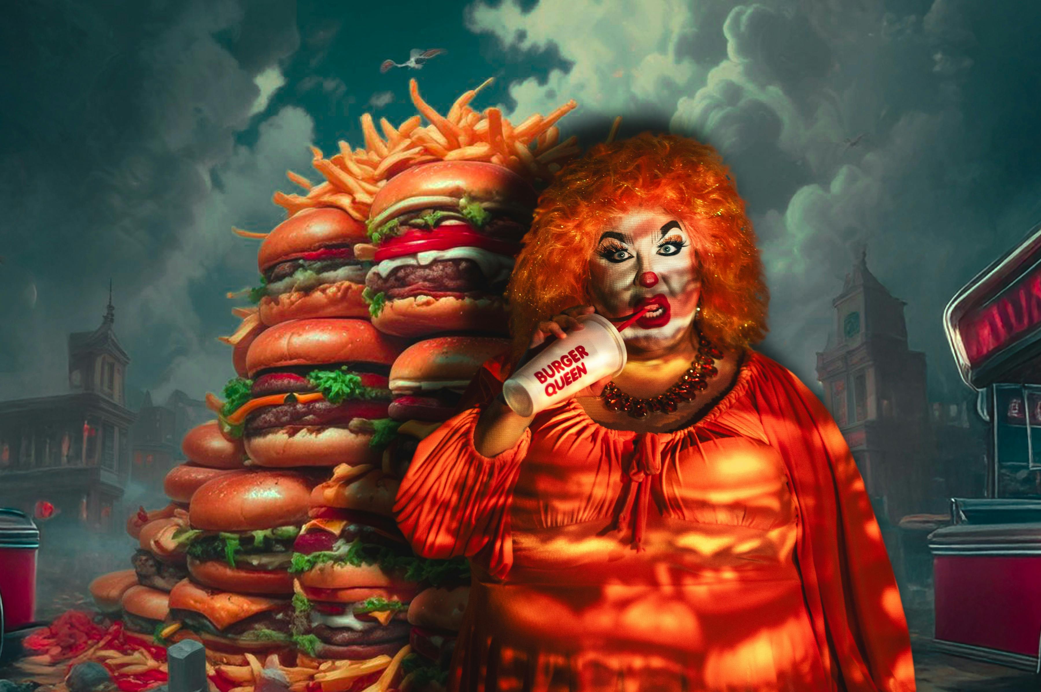 Burger Queen, a plus-size drag queen with an orange dress and wild orange hair sips fast food soda
