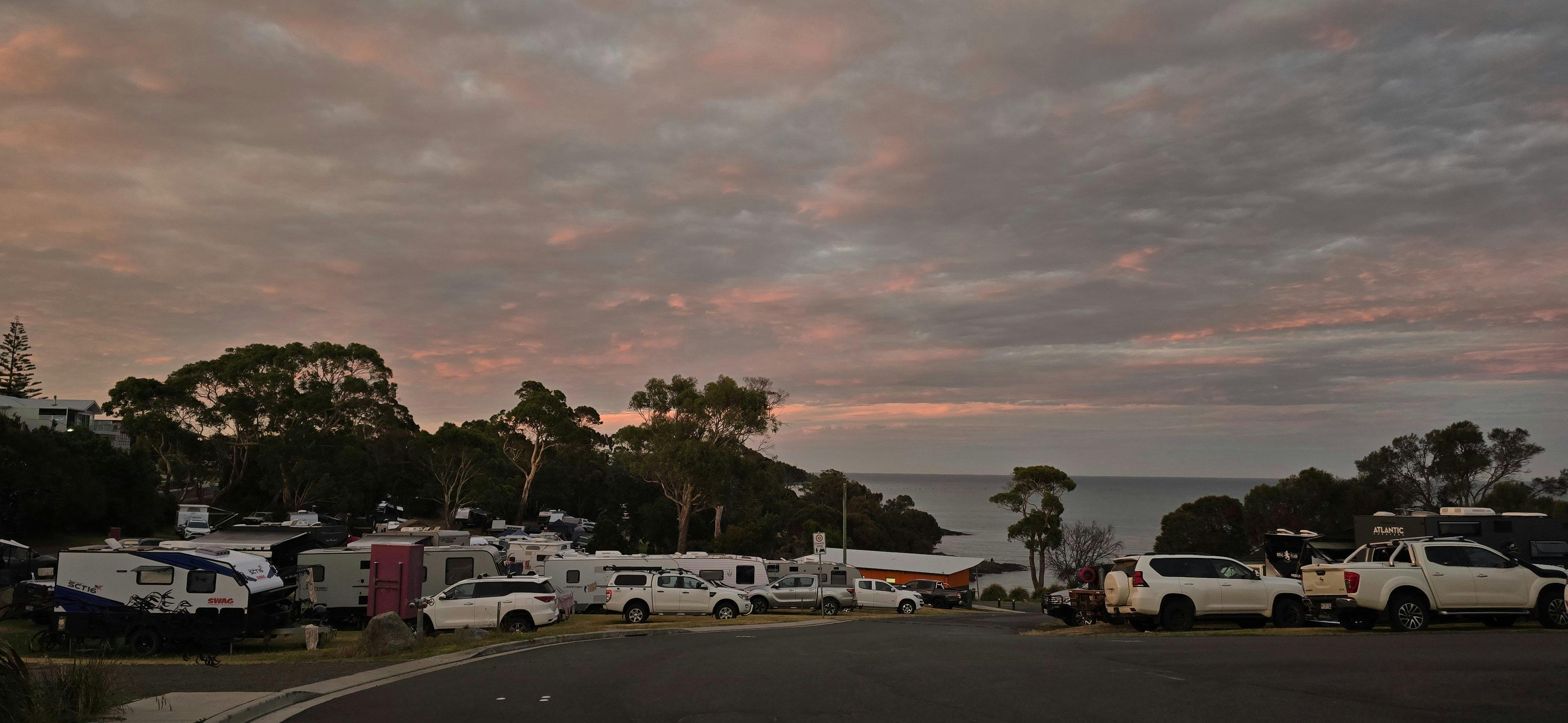 Sunset overlooking Eastmans Beach Park of Caravan Park