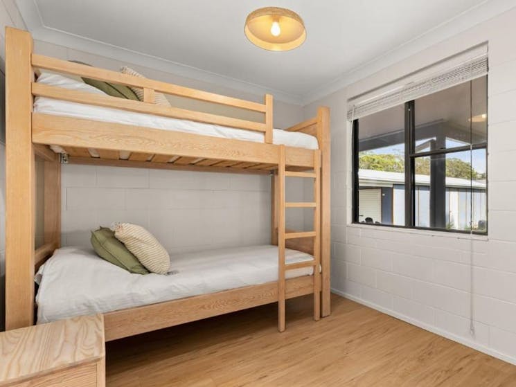 Third bedroom, Single bunk bed with built-in wardrobe, portable fan and portable heater