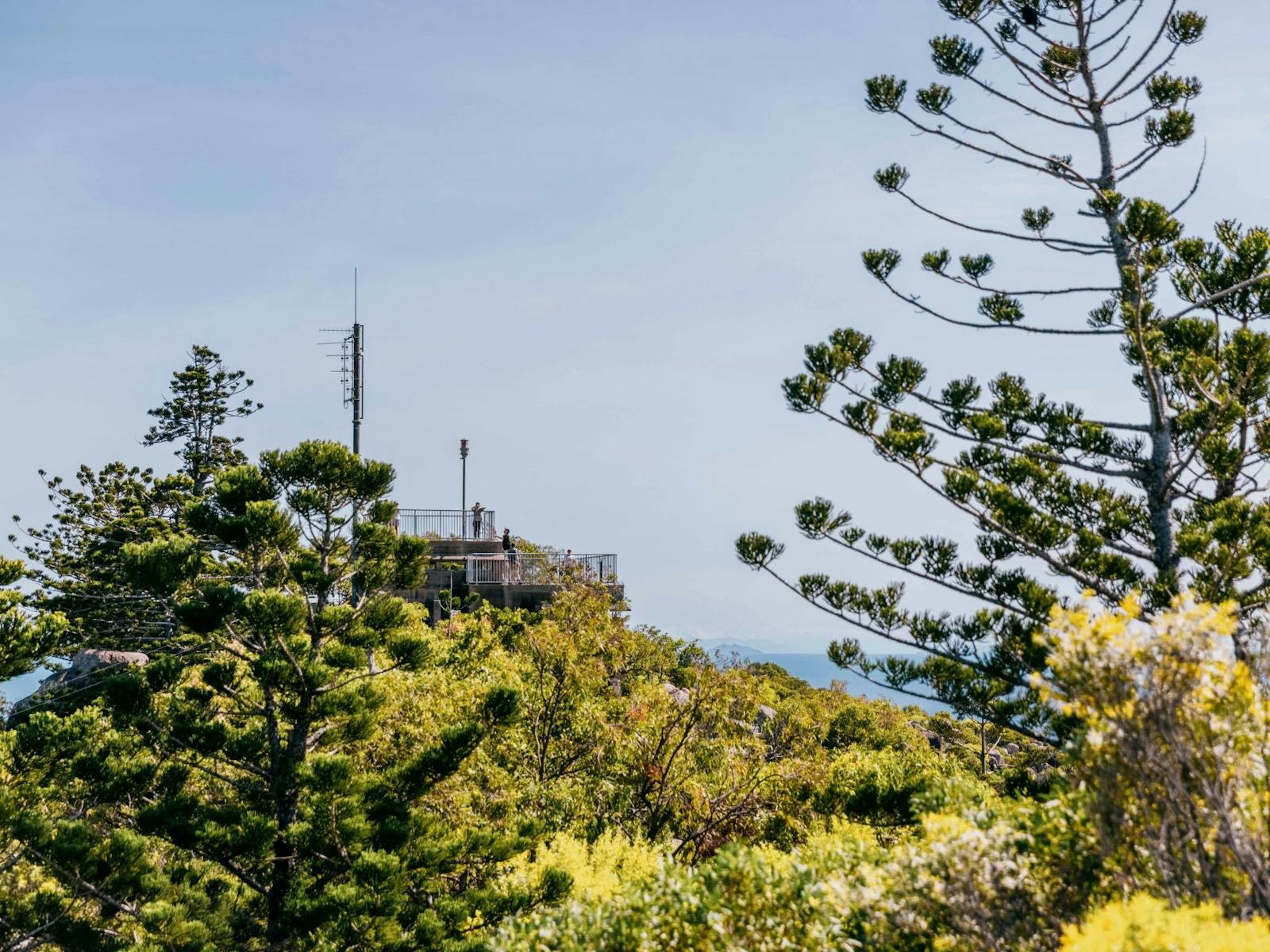 Lookouts on the top of concrete signal station shown in distance over the top of trees. Lookouts on the top of concrete signal station shown in distance over the top of trees.