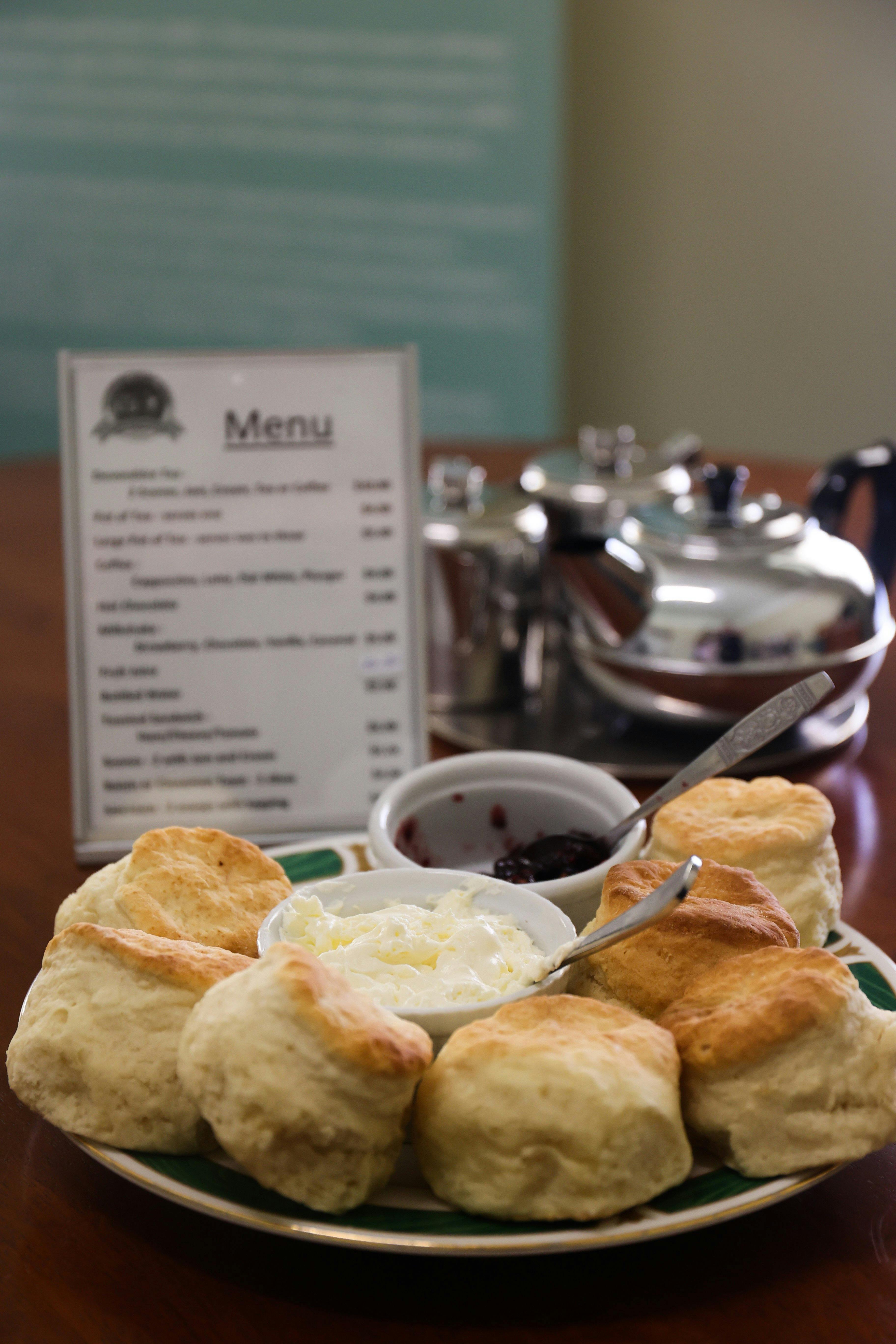 A plate of scones, cream and jam with a tea pot and menu in the background.
