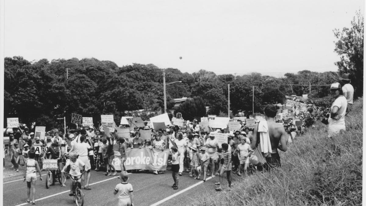 A large group of people walking down Mooloomba Road carrying anti bridge banners and placards.