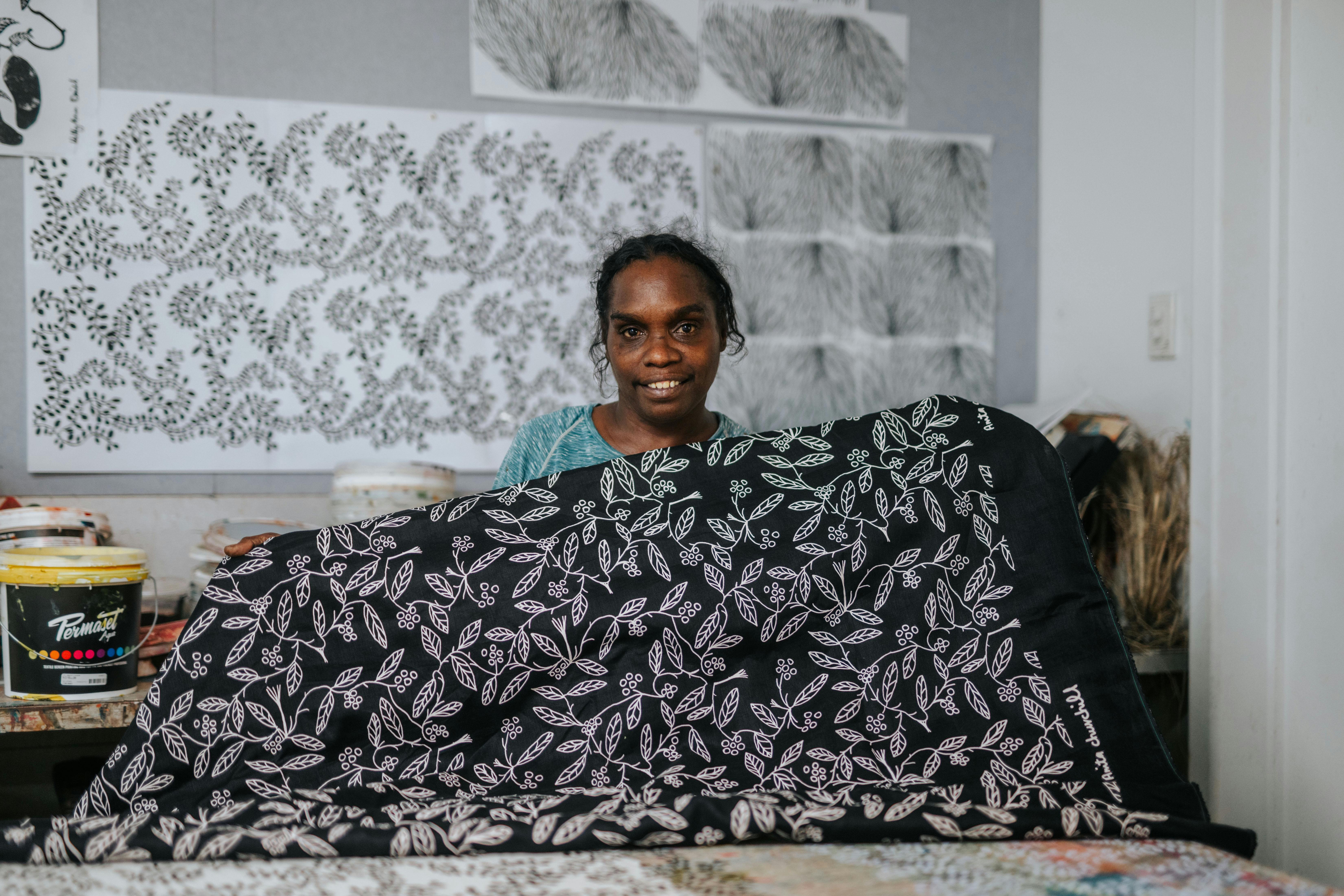 Artist Anita Churchill shows her screenprinted textile