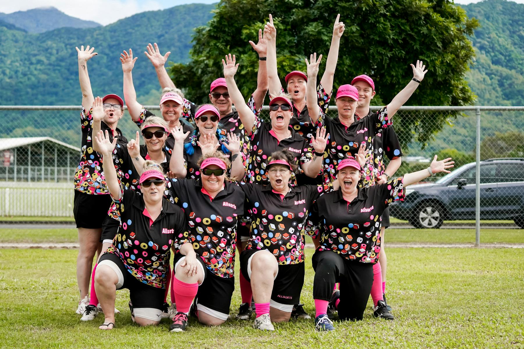 Team of softball players in a group