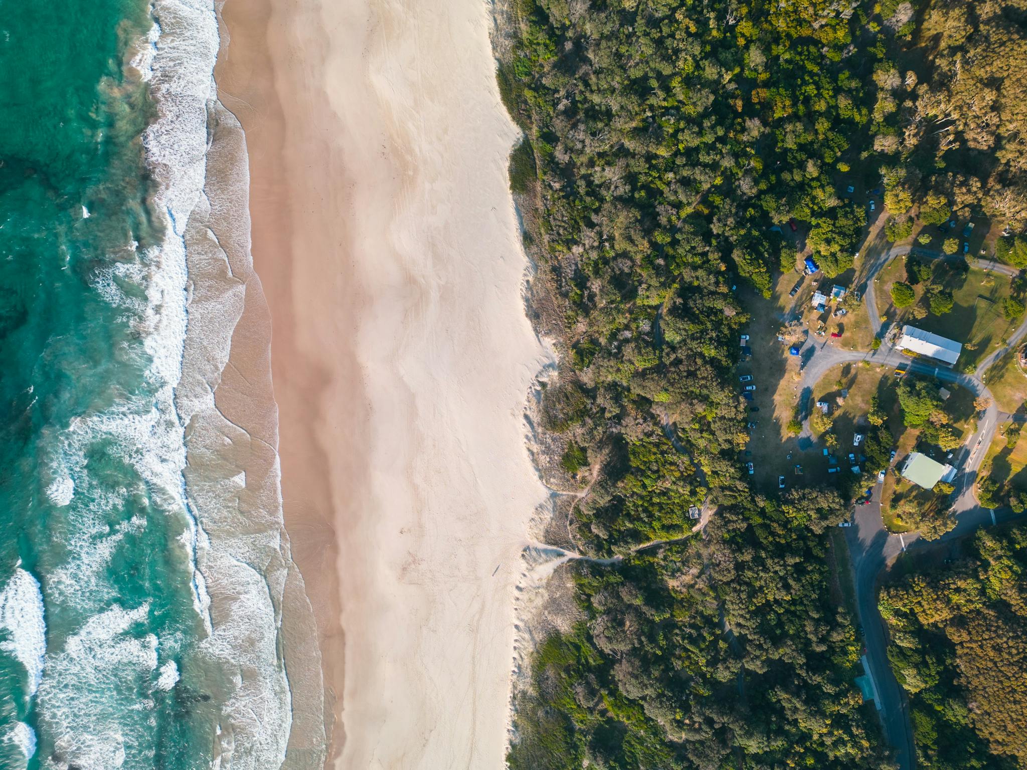 Aerial photograph showing Angels beach and Flat Rock Tent Park behind the coastal vegetation
