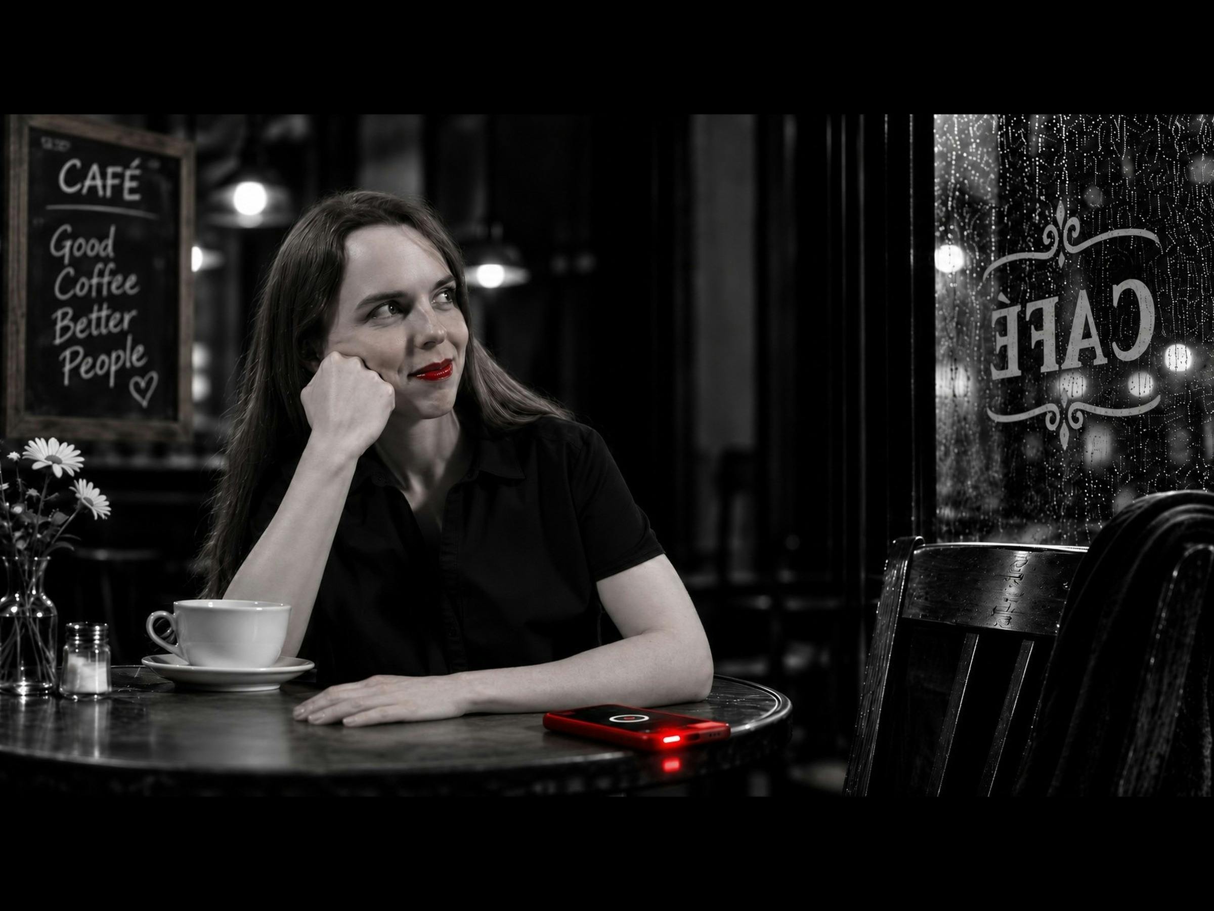 Jean sits at a café table beside a ringing red phone in Ballarat National Theatre’s Dead Man’s Cell